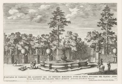 Fontein van Narcissus i Villa Borghese i Roma Narcissusfontene i hagen til Mr Principe Borghese (...) (tittel på objekt) Fontenene i palassene og hagene i Roma (serietittel) Fonteinen in de paleizen en tuinen van Rome (serietittel) av Giovanni Francesco Venturini