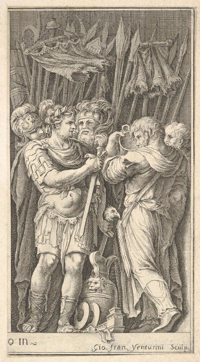 Soldater, en vist frontalt og holder et sverd, til høyre en soldat med ba..., ca. 1650-1700. av Giovanni Francesco Venturini