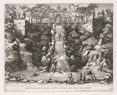 The Fountains of Rome, Bok IV, plate 21: Utsikt over kaskaden under orgelet fra hagen av Giovanni Francesco Venturini