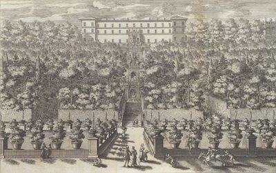 Utsikt over palasset fra hagetasjen med fontenene ..., 1691 eller senere. av Giovanni Francesco Venturini