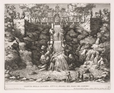 Utsikt over fossen under orgelet i hagegulvet. av Giovanni Francesco Venturini
