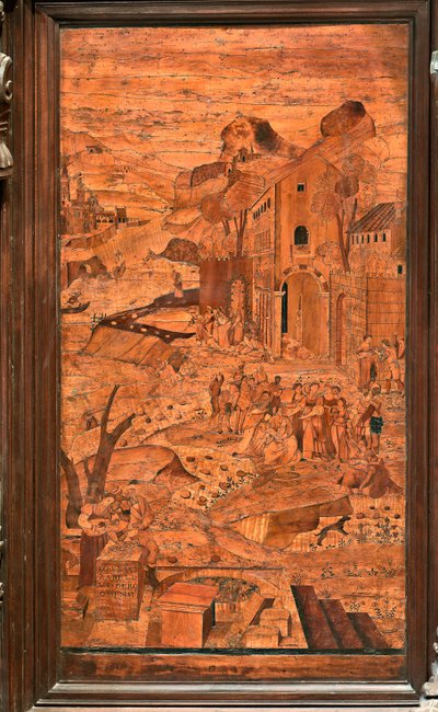 Genova, Duomo (St. Lawrence-katedralen), inne, apsis, kor, nordsiden: "Moses reddet fra vannet", tre intarsia av Giovanni Francesco Zambelli (XVI århundre) av Giovanni Francesco Zambelli