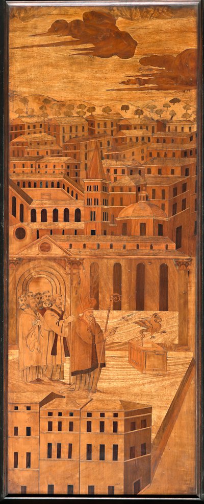 Genova, Duomo (St. Lawrence Cathedral), innvendig, apsis, kor, nordsiden: "St Syrus driver away the basilisk", tre intarsia av Anselmo De 