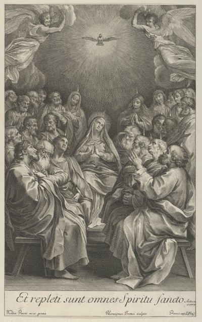 Jomfruen med apostler som ser opp mot den hellige due og to engler, etter Reni, 1700-50. av Giovanni Girolamo Frezza