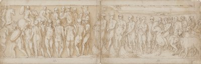 Barbarianer hyller keiseren (CXIV); Tyskere og sarmatere blir brakt over Donau med skip (tolket annerledes av Guerra; CXV) av Giovanni Guerra