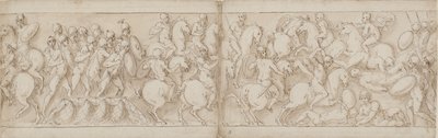Marcus Aurelius legger ut over en brygge med infanteri og kavaleri (CVIII); Sarmaterne blir slått tilbake av fremrykkende romere (CIX) av Giovanni Guerra