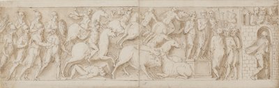 romerske bueskyttere(?), romersk overfall (XCIX); Marcus Aurelius henvender seg til vaktene sine (C); Marcus Aurelius mottar en advarsel (CI) av Giovanni Guerra