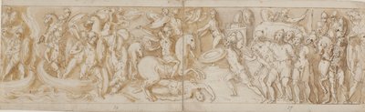 Romerske soldater krysser en elv i båter (stort sett restaurering; XXXIV)2; en kjempende romersk soldat (fra slutten av XXIV); Romerske vakter som bringer barbariske fanger for keiseren (utelatt på tegningen; slutten av XXV); begynnelsen av en marsj (begyn av Giovanni Guerra