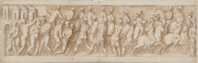 Sarmatiske ledere blir tatt til fange og husene deres satt i brann av romerne (CII); ankomsten av legionærer og keiseren (utelatt av Guerra) (CIII) av Giovanni Guerra