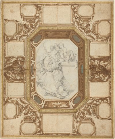 Tak med allegoriske figurer og våpen til pave Sixtus V (Guerras ytre tegning); Saint Joseph and the Christ Child (Vianis sentrale tegning) av Giovanni Guerra and Domenico Maria Viani