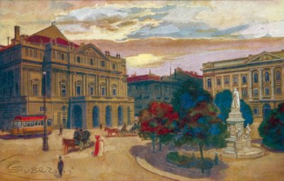 Milan / Milan: Piazza og Teatro della Scala (litho-farge) av Giovanni Guerzoni