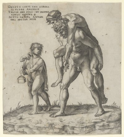 Aeneas redder Anchises, en ung gutt som bærer en lykt til venstre, ca. 1525., ca. 1525. av Giovanni Jacopo Caraglio