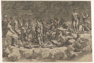 Forsamling av gudene etter takkomposisjonen i Loggia di Psiche, Villa Farnesina..., 1527. av Giovanni Jacopo Caraglio