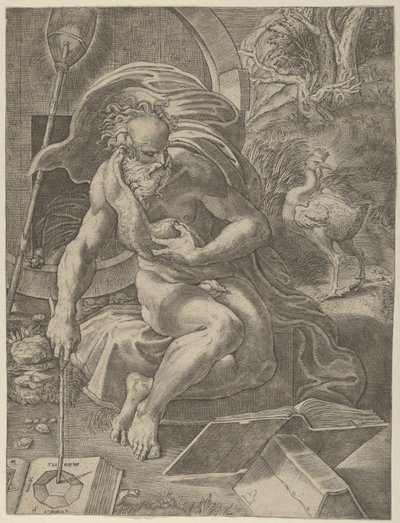 Diogenes satt med tønnen bak seg og leste en bok mens han holdt en stikk..., ca. 1526-27. av Giovanni Jacopo Caraglio