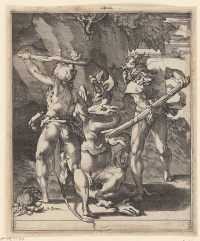 Hercules kjemper mot hydraen til Lerna Scener med Hercules (serietittel) av Giovanni Jacopo Caraglio