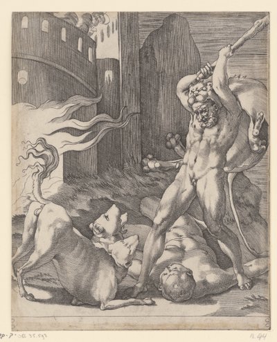 Herkules kjemper mot Cerberus Scener med Hercules (serietittel) av Giovanni Jacopo Caraglio