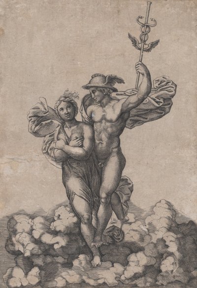 Mercury bærer Psyche til Olympus, etter Raphaels komposisjon i Villa Farnes..., ca. 1520-39. av Giovanni Jacopo Caraglio