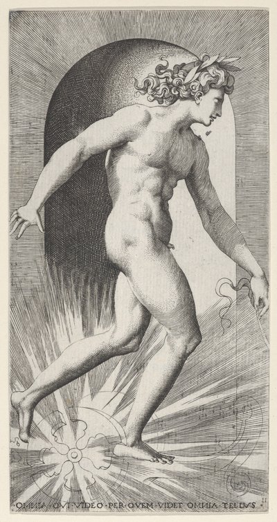 Plate 11: Apollo kjører vognen sin i en nisje, vendt mot høyre, fra en serie mythologica..., 1526. av Giovanni Jacopo Caraglio