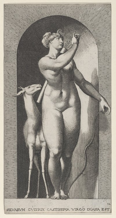 Plate 12: Diana står i en nisje, vrir seg til venstre og trekker en pil ut av en qu..., 1526. av Giovanni Jacopo Caraglio