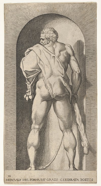 Plate 15: Hercules står i en nisje, iført løveskinn og holder en kølle, sett fra..., 1526. av Giovanni Jacopo Caraglio