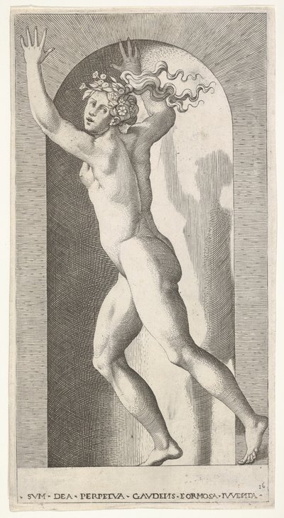 Plate 16: Hebe i en nisje med hendene i været, løper til venstre mens hun ser til ..., 1526. av Giovanni Jacopo Caraglio