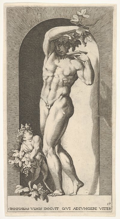 Tallerken 17: Bacchus står i en nisje og holder druer over en tallerken, ledsaget av en infa..., 1526. av Giovanni Jacopo Caraglio