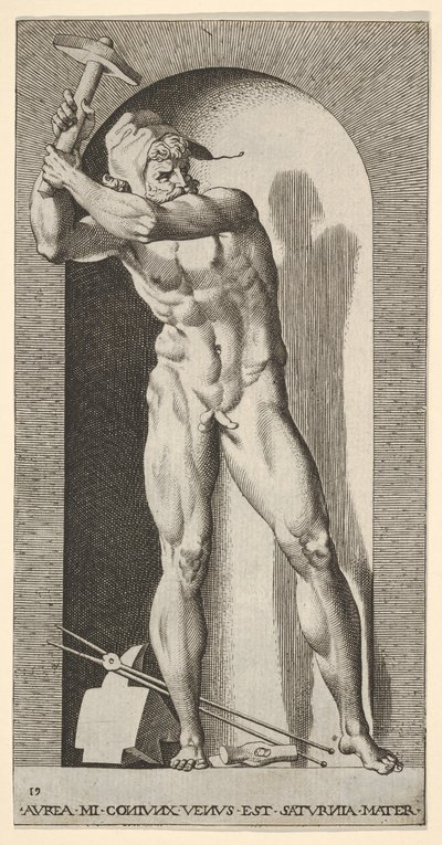 Plate 19: Vulcan står i en nisje og svinger en hammer, med en ambolt, hammer og tang a..., 1526. av Giovanni Jacopo Caraglio