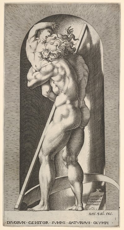 Plate 1: Saturn i en nisje som sluker sønnen sin, stående foran en ljå, fra en serie av m..., 1526. av Giovanni Jacopo Caraglio