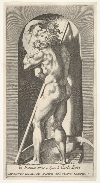 Plate 1: Saturn i en nisje som sluker sønnen sin, stående foran en ljå, fra en serie av m..., 1526. av Giovanni Jacopo Caraglio