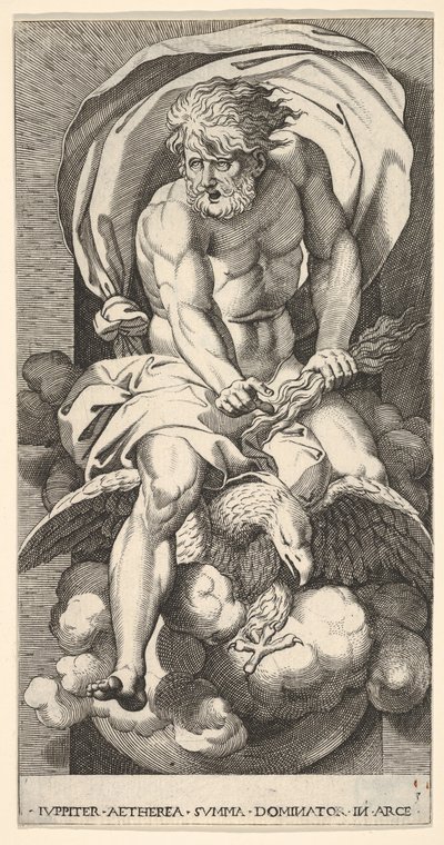 Plate 3: Jupiter dukker opp fra en nisje, rir på en ørn og holder en tordenbolt i l..., 1526. av Giovanni Jacopo Caraglio