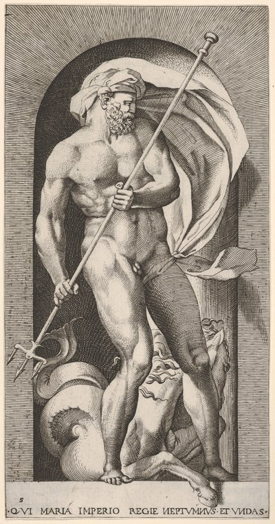 Plate 5: Neptun står i en nisje og holder en trefork, med en hippocampus sjøhest beh..., 1526. av Giovanni Jacopo Caraglio
