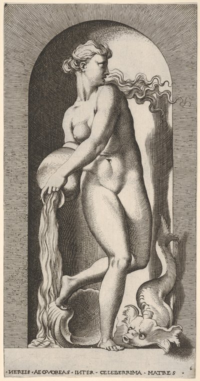 Plate 6: Thetis står i en nisje med et skjell og sjødyr, og heller vann ut av en ..., 1526. av Giovanni Jacopo Caraglio