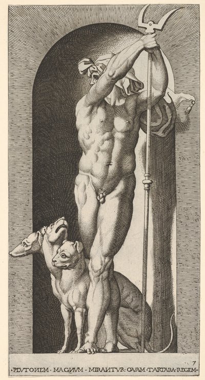 Plate 7: Pluto i en nisje, holder en bident, med Cerberus ved siden av seg, fra en serie av m..., 1526. av Giovanni Jacopo Caraglio