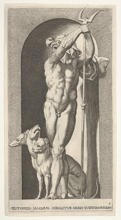 Plate 7: Pluto i en nisje, holder en bident, med Cerberus ved siden av seg, fra en serie av m..., 1526. av Giovanni Jacopo Caraglio