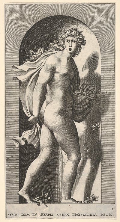 Plate 8: Prosperpina, stående i en nisje, snur seg til høyre mens han holder mantelen i bo..., 1526. av Giovanni Jacopo Caraglio