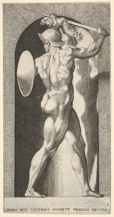 Plate 9: Mars i en nisje, med et sverd over hodet med høyre arm, og et skjold ..., 1526. av Giovanni Jacopo Caraglio