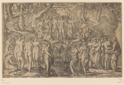 Konkurranse mellom Muses og Pierides av Giovanni Jacopo Caraglio