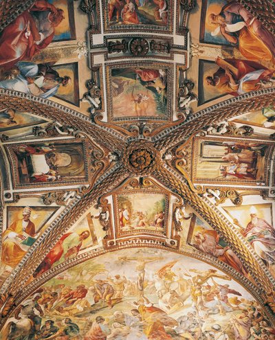 Presbytery hvelvdetalj som viser korsfestelsen, av Giovanni Lanfranco (1582-1647), og scener fra Det gamle og nye testamente, av Giovanni Bernardino Azzolino (1572-1645), Certosa av San Martino, Napoli, Campania, Italia av Giovanni Lanfranco