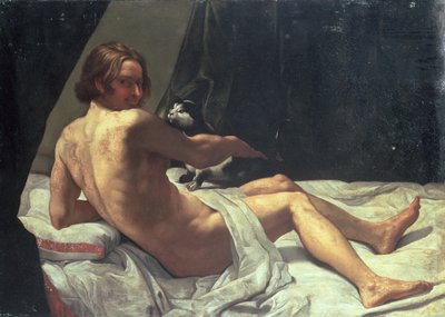 Ung mann som ligger på en seng med en katt, 1620 av Giovanni Lanfranco