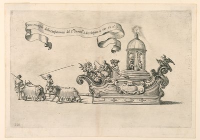 En paradeflott i Reggio, Italia: "The Triumphal Carriage of the Confraternity of the Holy Sacrament of St. Stephen". Plate 2a fra A. Isacchi, "Relation by Alfonso Isachi around the or av Giovanni Luigi Valesio