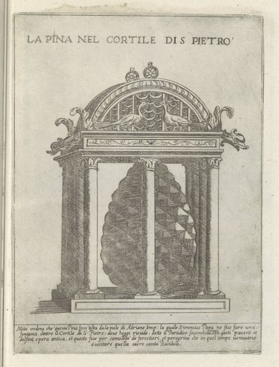 De Pigna te Vaticaanstand La Pina i Cortile di S. Pietro (tittel på objekt) Moderne og antikke monumenter og byggverk i Roma (serietittel) Ornamenter av eldgamle og moderne bygninger i Alma-byen Roma (serietittel) av Giovanni Maggi