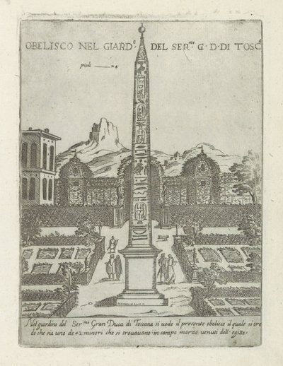 Egyptisk obelisk i hagen til Villa Medici i Roma Obelisco nel giard.o del ser.mo G. D. Di Tosc.a (tittel på objekt) Moderne og gamle monumenter og bygninger i Roma (serietittel) Ornamenti di fabriche antichi et moderni dell