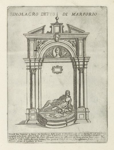 Fontene med statuen av Marforio Simolacro detto di Marforio (tittel på objekt) Moderne og eldgamle monumenter og strukturer i Roma (serietittel) Ornamenti di fabriche antichi et moderni dell' alma citta di Roma (serietittel) av Giovanni Maggi