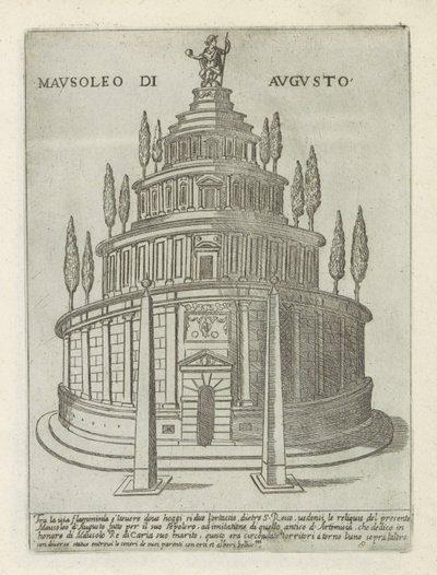 Mausoleum av Augustus i Roma Mausoleo di Augusto (tittel på objekt) Moderne og gamle monumenter og bygninger i Roma (serietittel) Ornamenti di fabriche antichi et moderni dell