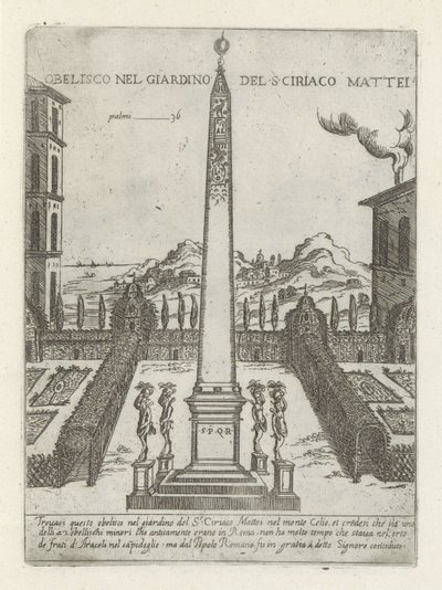Obelisk i hagen av Ciriaco Mattei Obelisk i hagen til S ciriaco Mattei (tittel på objekt) Moderne og antikke monumenter og byggverk i Roma (serietittel) Ornamenter av gamle og moderne bygninger i Alma-byen Roma (serietittel) av Giovanni Maggi