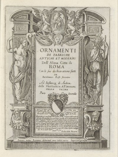 Titteltrykk med allegoriske figurer og putti Moderne og gamle monumenter og bygninger i Roma (serietittel) Ornamenti di fabriche antichi et moderni dell