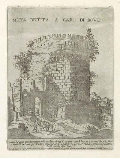 Tombe van Caecilia Metella te Roma Meta sa i spissen for okse (tittel på objekt) Moderne og antikke monumenter og byggverk i Roma (serietittel) Ornamenter av eldgamle og moderne bygninger i Alma-byen Roma (serietittel) av Giovanni Maggi