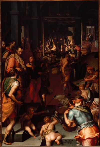 Glassproduksjonsverksteder. (Maleri av Giovanni Maria Butteri