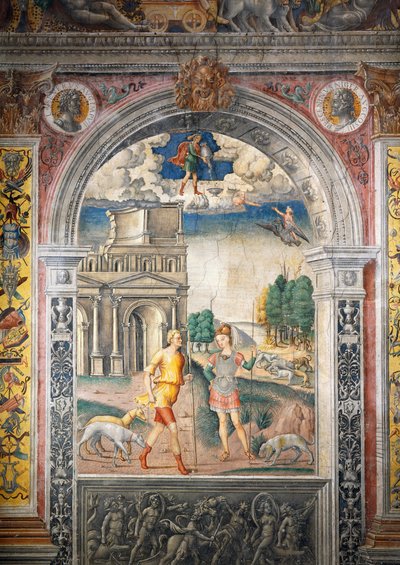 Fresco av Giovanni Maria Falconetto (1468-1535), Hall of Zodiac, Palazzo D'Arco, Mantua (UNESCOs verdensarvliste, 2008), Lombardia, Italia av Giovanni Maria Falconetto