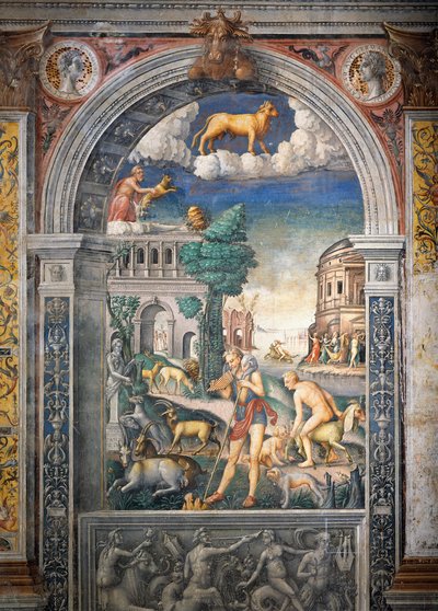 Fresco av Giovanni Maria Falconetto (1468-1535), Hall of Zodiac, Palazzo D'Arco, Mantua (UNESCOs verdensarvliste, 2008), Lombardia, Italia av Giovanni Maria Falconetto